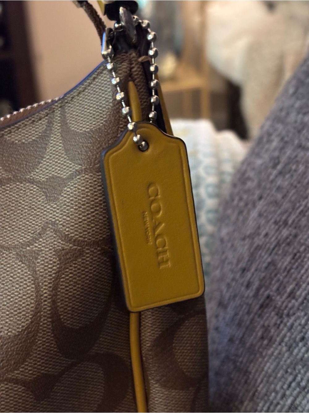 Coach Signature Canvas Leather Zip Shoulder Hobo Bag Tan Brown with Yellow Trim - Picture 4 of 11
